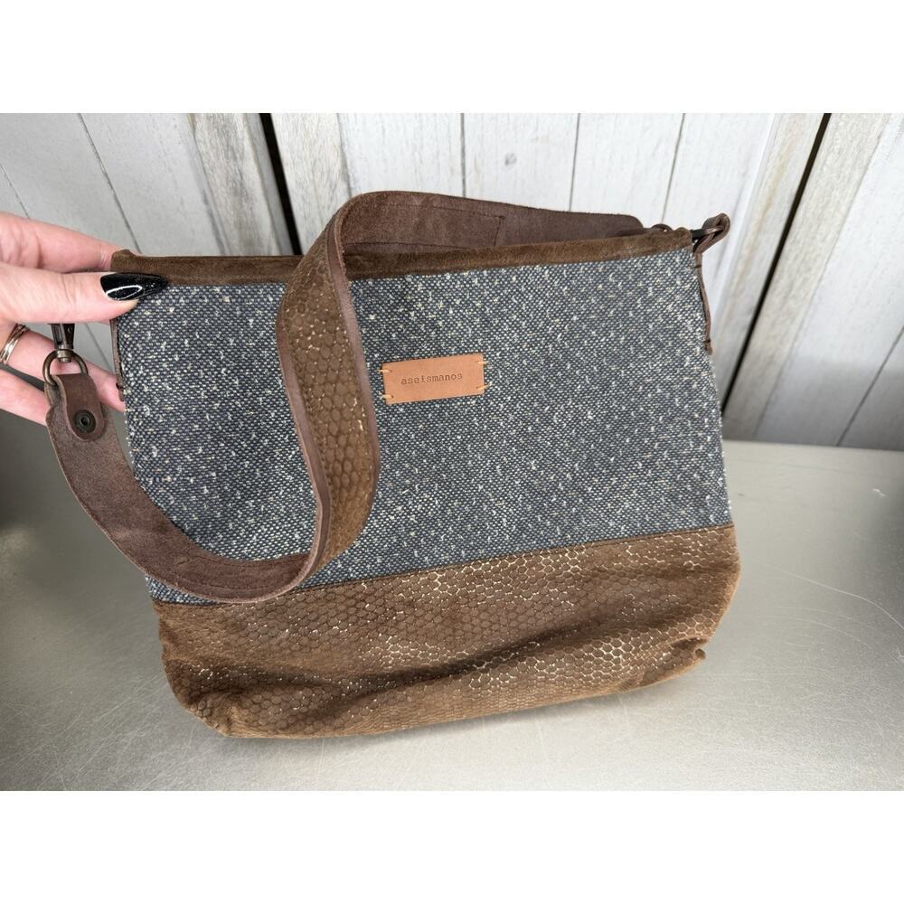 Aseismanos Suede & Cotton Canvas Metallic Thread Shoulder Bag Boho Hobo